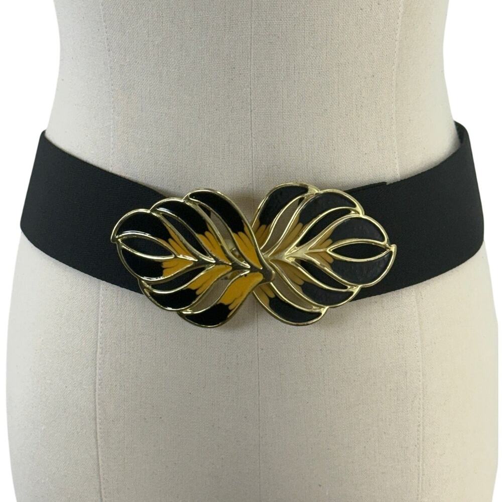 Vintage 80s Black Stretch Waist Belt Gold Leaf Buckle Wide Elastic 28”